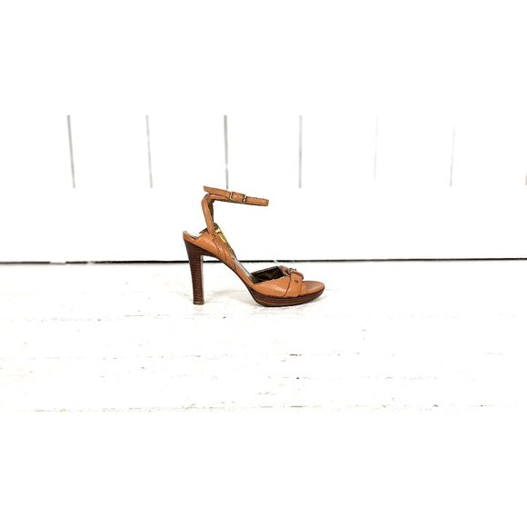 Marc Fisher tan brown leather high heel buckle open toe ankle strap sandals 6.5 - Picture 1 of 8